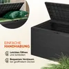 A split image showing a close-up of a garden box with pillows inside on the left, and a larger view of the open garden box on the right, with text highlighting ease of use. Produktbild-Vorschau