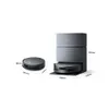 A robotic vacuum cleaner and its charging station are shown with dimensions indicated. Produktbild-Vorschau