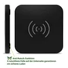 A black wireless charging pad is shown from the side and top. Text describes its anti-slip function. Produktbild-Vorschau