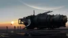 A futuristic spaceship is parked on an alien planet with multiple suns and a large planet in the sky. Several silhouetted figures stand near the ship. Produktbild-Vorschau