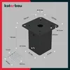 A diagram of a black metal post base with dimensions and screws shown. Anteprima dell’immagine prodotto