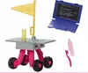 A collection of Barbie astronaut accessories, including a rover, a laptop, and toiletries, arranged on a white background. Produktbild-Vorschau