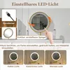 Collage showing a lighted vanity mirror with different light settings, its USB cable, and a close-up of the mirror. Voir les images du produit