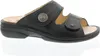 A black leather sandal is shown against a white background. Produktbild-Vorschau