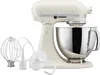 A cream-colored KitchenAid Artisan stand mixer with its attachments. Produktbild-Vorschau