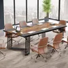 A conference room with a large wooden table and chairs, overlooking a city skyline. Podgląd zdjęcia produktu