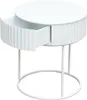 A white round side table with one drawer pulled out, shown on a white background. Produktbild-Vorschau