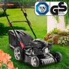 A black BRAST Benzin Rasenmäher 18170 ECO lawnmower is shown on a green lawn, with decorative plants and rocks in the background. Two certification logos are visible in the top right corner. Produktbild-Vorschau