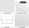 A collage of four images showcasing different aspects of a white TV stand, including material, a non-slip foot, a shelf unit, and a sticker. Náhled obrázku produktu