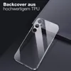 A clear phone case is shown on a dark, reflective surface. Produktbild-Vorschau