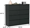 A dark gray dresser with eight drawers is shown from the front with dimensions indicated. Anteprima dell’immagine prodotto