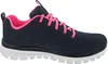 A side view of a dark blue Skechers Graceful sneaker with pink laces and trim, set against a white background. Voir les images du produit