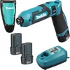 A set of Makita cordless tools including a screwdriver, batteries, charger, and holster. Podgląd zdjęcia produktu