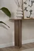 A close-up of a wooden console table with a vase and artwork on top, next to a plant. Voir les images du produit