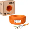 A cardboard box containing a spool of orange network cable is shown next to a separate spool of the same cable. The ends of the cable are exposed, showing the individual wires. Produktbild-Vorschau