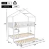 A diagram showing the dimensions of a white bunk bed with a house-shaped frame and a pull-out trundle bed. Náhľad obrázku produktu