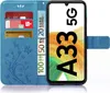A blue flip case for a Samsung Galaxy A33 5G phone, showing credit cards and euro banknotes inserted into the case. Produktbild-Vorschau