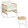 A rattan armchair and a side table with dimensions indicated by measurement lines and text. Produktbild-Vorschau