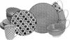 A collection of black and white patterned ceramic dishes and mugs arranged on a white background. Produktbild-Vorschau