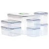 A collection of clear plastic food storage containers with gray lids and seals, arranged on a white background. Produktbild-Vorschau