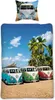 A collage of a pillow with a VW van and a duvet cover with three VW vans on a beach. Náhľad obrázku produktu