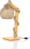 A table lamp with a wooden base and stem, wrapped in rope, with a spherical lampshade made of twine. Produktbild-Vorschau