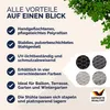 A marketing image listing the benefits of garden chairs, with small circular images showing different color options and a quality seal. Produktbild-Vorschau