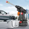 A cordless pressure washer is shown in use, drawing water from a bucket to clean a car. Podgląd zdjęcia produktu