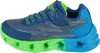 A side view of a child's blue and green Skechers shoe with a light-up sole. Voir les images du produit