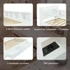 A collage of four close-up images showcasing different features of a white bed frame, including storage, a headboard with lights, drawers, and a charging port. Produktbild-Vorschau