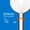 Close-up of a shower head with text and graphics indicating features. Náhľad obrázku produktu