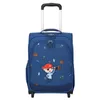 A blue children's suitcase with a pirate design.