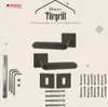 A marketing image showcasing a set of black door handles with square rosettes, along with various installation accessories. Produktbild-Vorschau