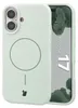 A light green iPhone case with a magnetic ring and a small black graphic is shown next to an iPhone 17. Produktbild-Vorschau