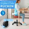 A woman is sitting on a rolling stool at a desk, working on a laptop. The image features overlays and text highlighting the product's features. Produktbild-Vorschau