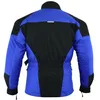 Blaue Textil-Motorradjacke, Rückansicht. Mit Protektoren für Arme, Schultern, Brust, Ellbogen und Rücken. Ärmel mit Reiß- und Klettverschluss. 20 cm langer Kombi-Reißverschluss zur Verbindung mit jeder Hose. Produktbild-Vorschau