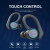 A pair of black wireless earbuds with a blue and pink fingerprint design on the touch panel, set against a dark blue background with subtle fingerprint graphics. Below the earbuds are icons representing different functions. Produktbild-Vorschau