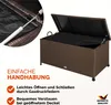 A brown wicker storage box with its lid open, showing the interior and a gas spring mechanism. Text highlights ease of use and storage. Produktbild-Vorschau