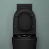 A black toilet with the lid open, mounted on a light teal wall. Produktbild-Vorschau