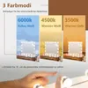 A marketing image showing a makeup mirror with three different light color settings and a hand interacting with controls. Voir les images du produit