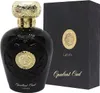 A black bottle of Lattafa Opulent Oud Eau de Parfum and its black packaging are displayed against a white background. Podgląd zdjęcia produktu