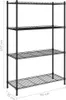 A black metal shelving unit with four shelves, shown against a white background with dimensions indicated. Náhled obrázku produktu