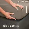 Hands are shown tucking a fitted sheet onto a mattress, demonstrating its fit and size. Produktbild-Vorschau