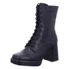 A black lace-up boot with a block heel is shown against a white background. Produktbild-Vorschau