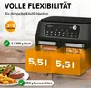 A dual-chamber air fryer is shown with text highlighting its features and capacity, alongside an image of cooked food. Produktbild-Vorschau