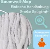 A close-up of a white cotton mop head with marketing text and icons overlaid. Produktbild-Vorschau