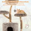A cat is resting on a multi-level cat tree made of wood and plush material, with text overlays highlighting product features. Produktbild-Vorschau