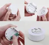 Collage showing how to insert batteries into a white LED light. Náhľad obrázku produktu