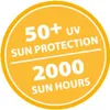 A circular graphic with text indicating sun protection. Produktbild-Vorschau
