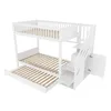 A white bunk bed with a pull-out trundle bed, stairs with storage, and a cabinet. Anteprima dell’immagine prodotto